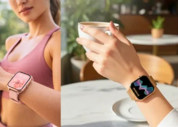 امرأة ترتدي ساعة ذكية وتفكر في فائدتها للصحة