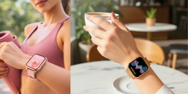 امرأة ترتدي ساعة ذكية وتفكر في فائدتها للصحة